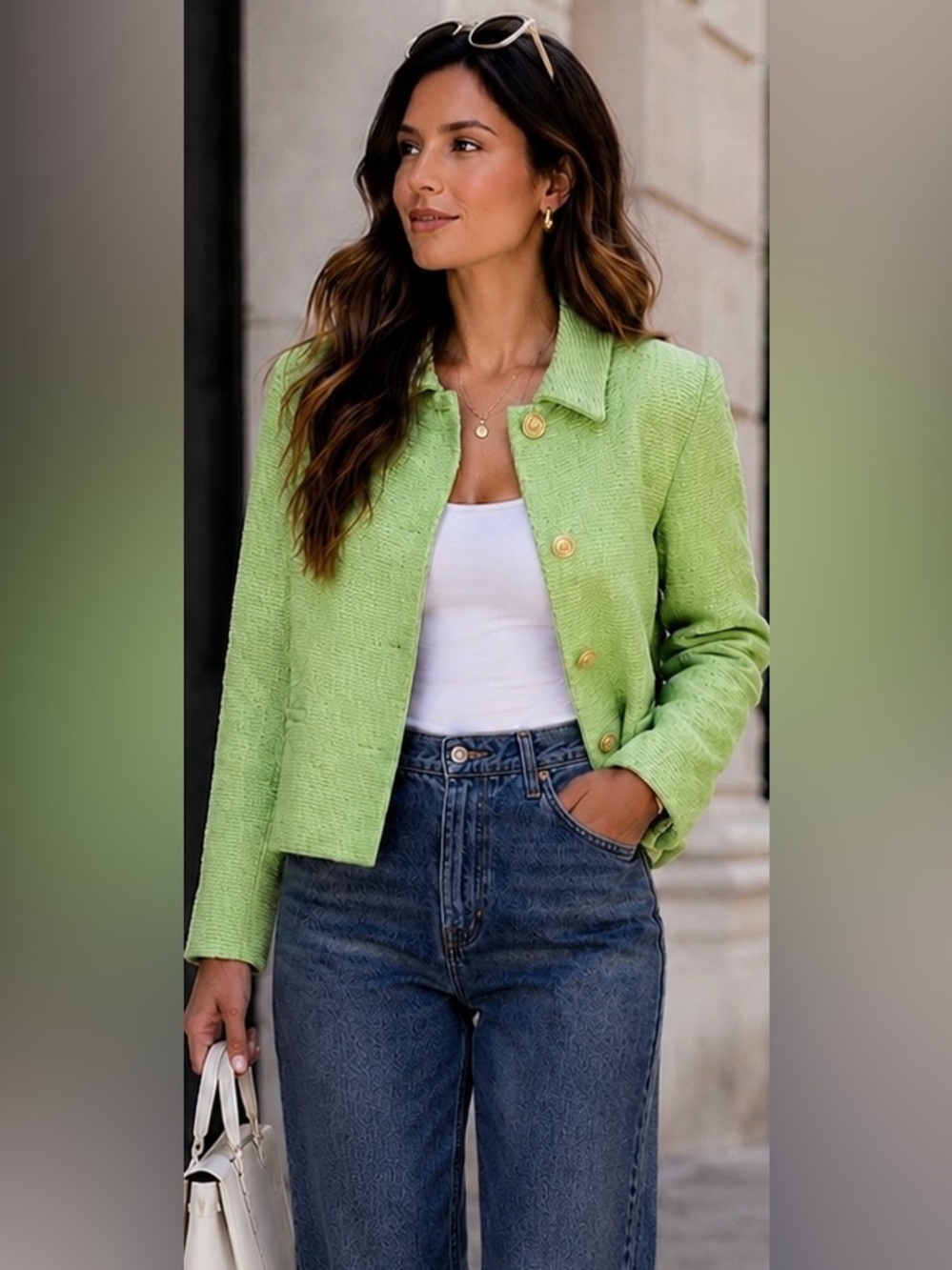 ZARA Textured Lime Green Cropped Jacket – Gold Button Accent